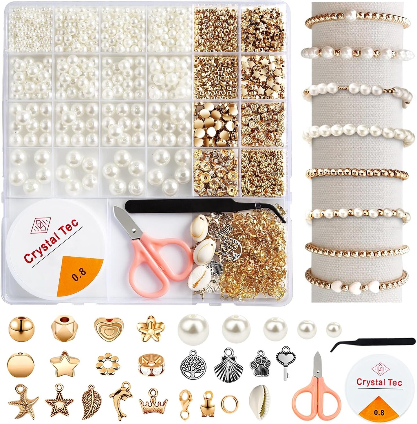 1200 Pcs Pearl Beads and Gold Spacer Beads Set for Jewelry Bracelet ...