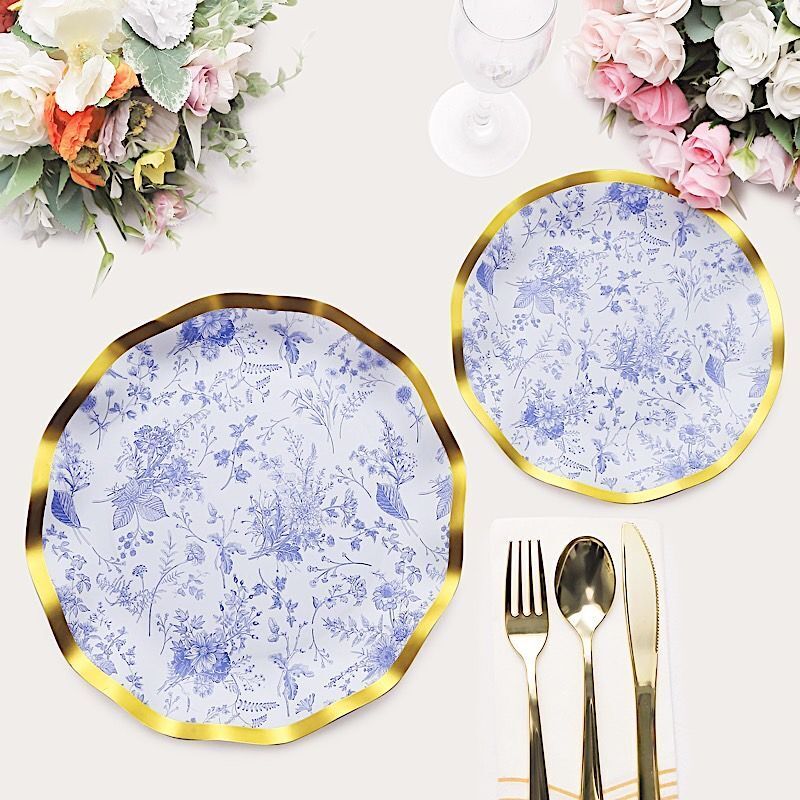 25 Round 8&#x22; BLUE Paper Salad Plates Gold Wavy Rim Party Tableware