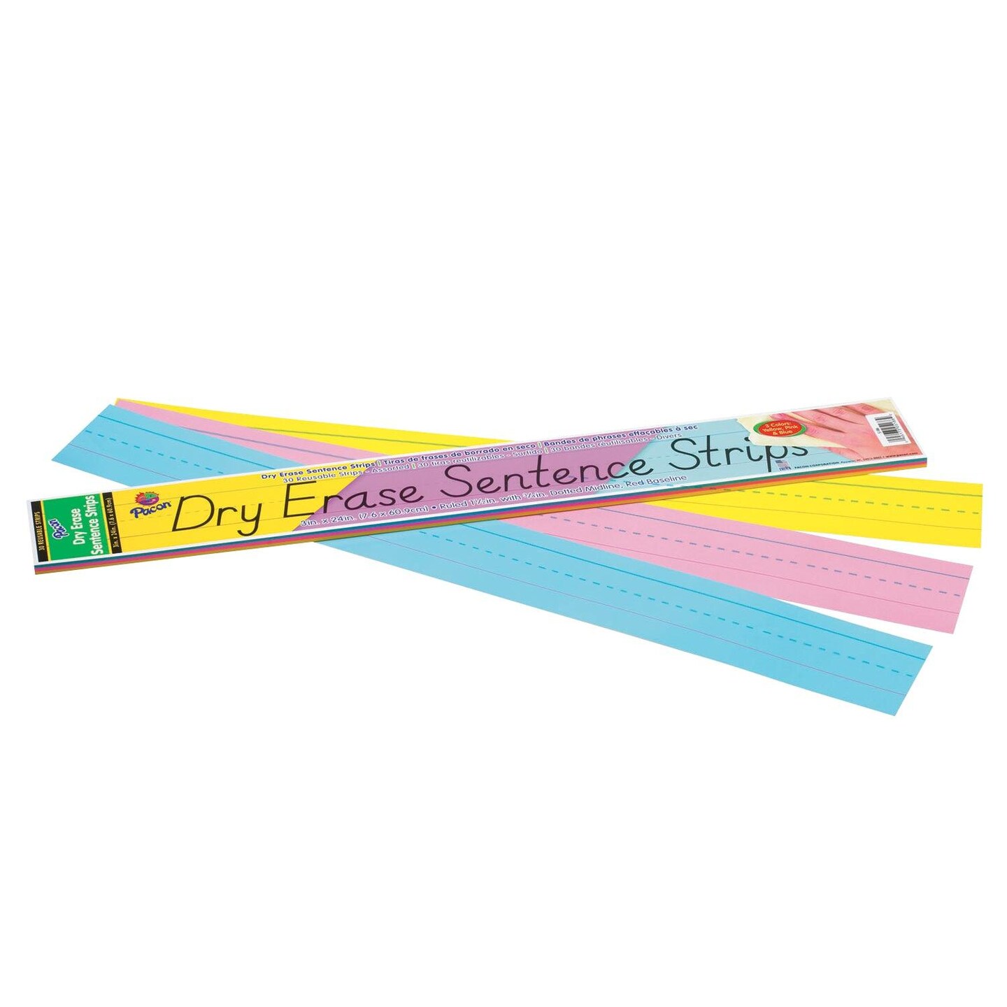 Dry Erase Sentence Strips, 3 Assorted Colors, 1-1/2&#x22; X 3/4&#x22; Ruled, 3&#x22; x 24&#x22;, 30 Per Pack, 3 Packs