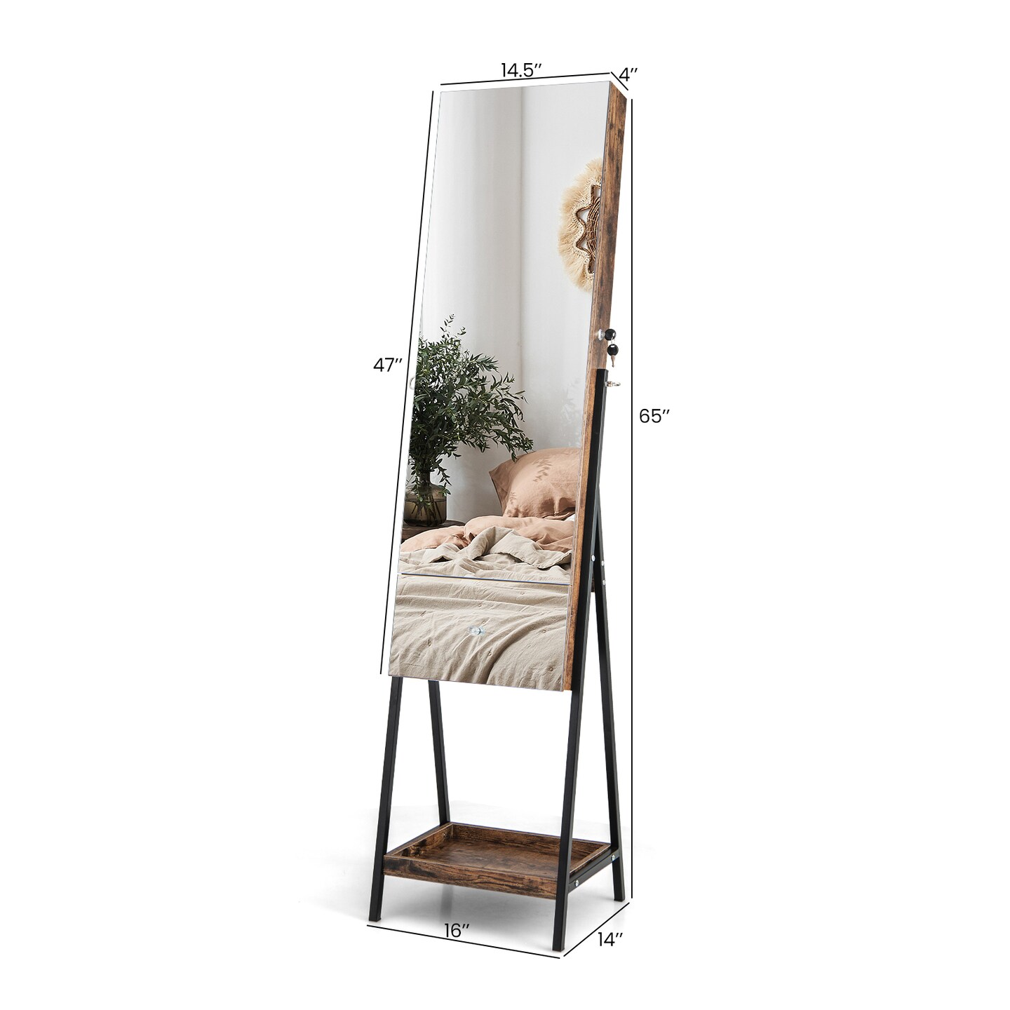 Lockable Freestanding Jewelry Organizer With Full-length Frameless Mirror