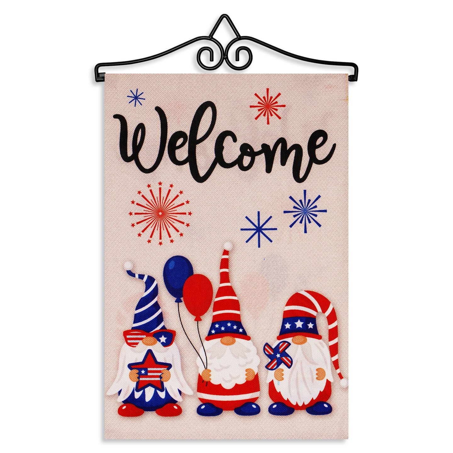 G128 Combo Pack Garden Flag Hanger 14IN & Garden Flag Welcome 3 Gnomes Celebrating July 4th 12x18IN Printed Double Sided Burlap Fabric