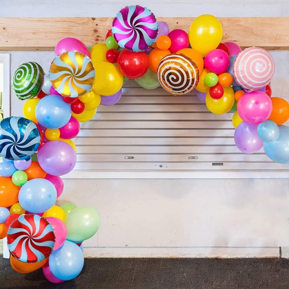 Sweet Candy Balloon Garland Arch Kit, 90pcs 18inch Lollipop Foil Balloons, 5/10inch Rainbow Latex Balloons for Christmas Candyland Kids Birthday Party Baby Shower Decorations