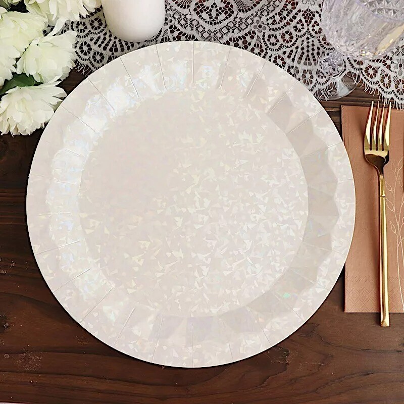25 IRIDESCENT Metallic Round 12&#x22; Paper Salad Dinner Plates Geometric Design