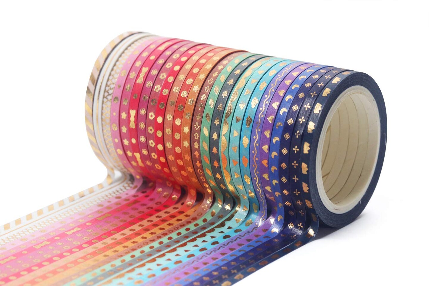 24 Rolls Skinny Washi Tape Set Gold Foil Print Decorative Tapes for Arts, DIY Crafts, Journals, Planners, Scrapbooking, Wrapping (Slim 3mm)