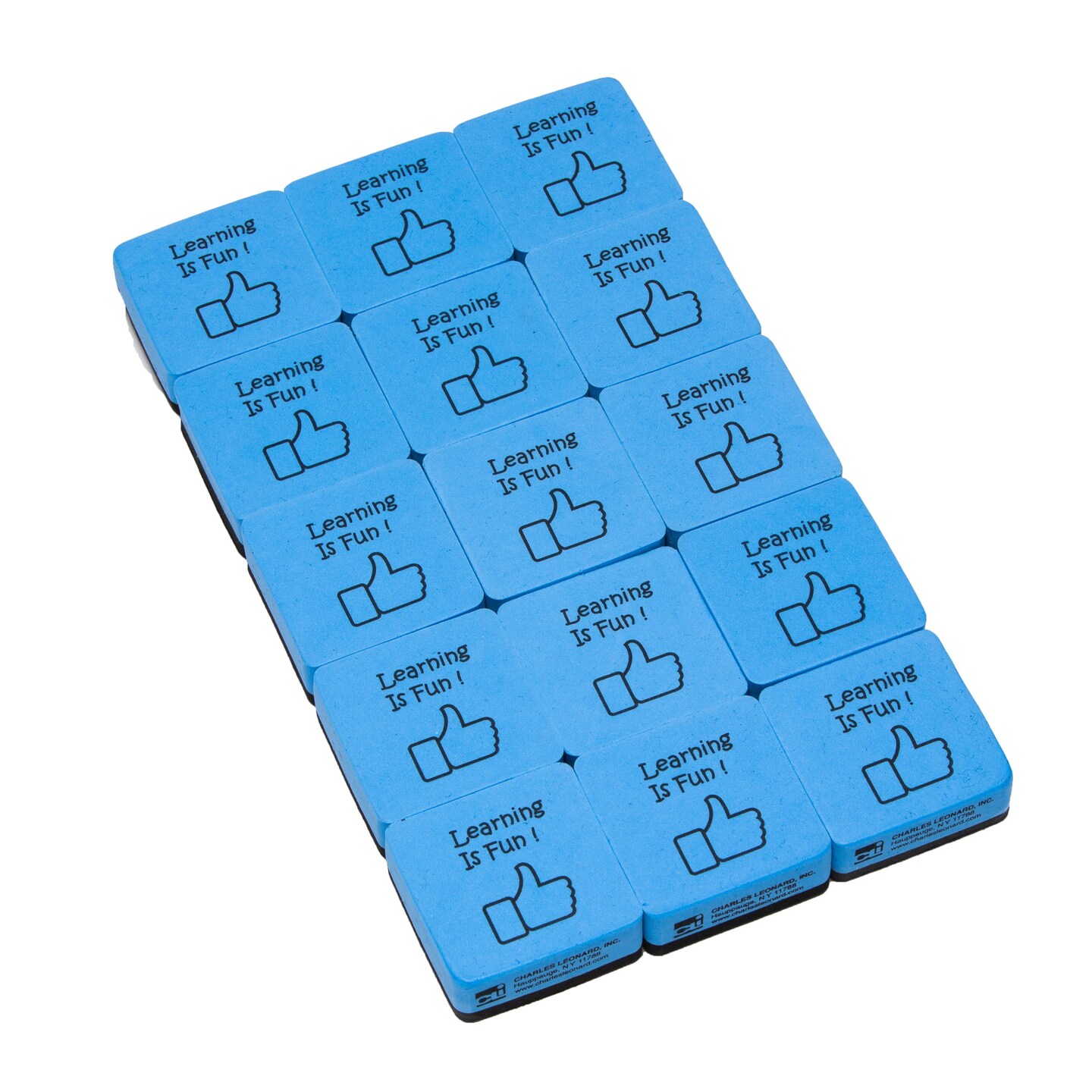 Mini Whiteboard Eraser, Felt/Foam, 2&#x22;x2&#x22; &#x22;Learning is Fun&#x22;, Blue/Black, 15 Per Pack, 3 Packs