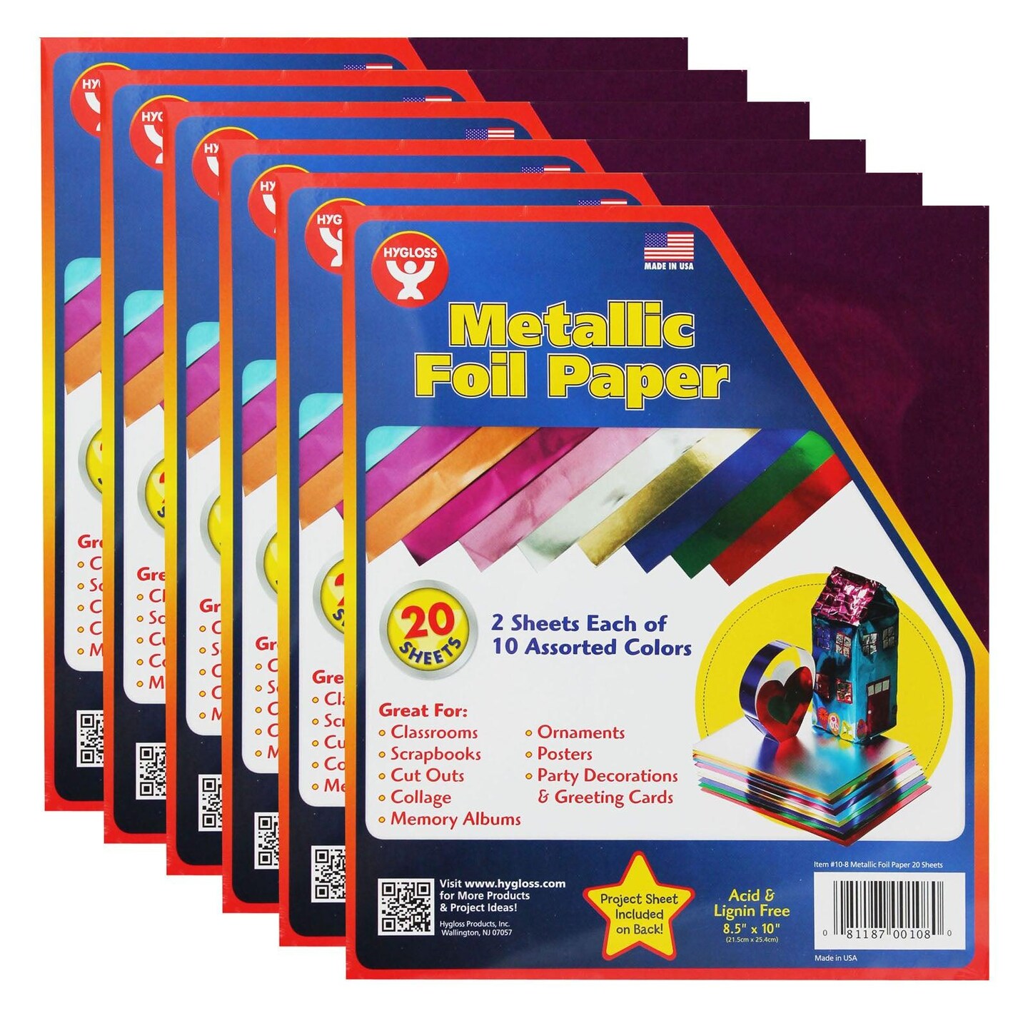 Metallic Foil Paper Sheets, 8.5&#x22; x 10&#x22;, Assorted Colors, 20 Per Pack, 6 Packs
