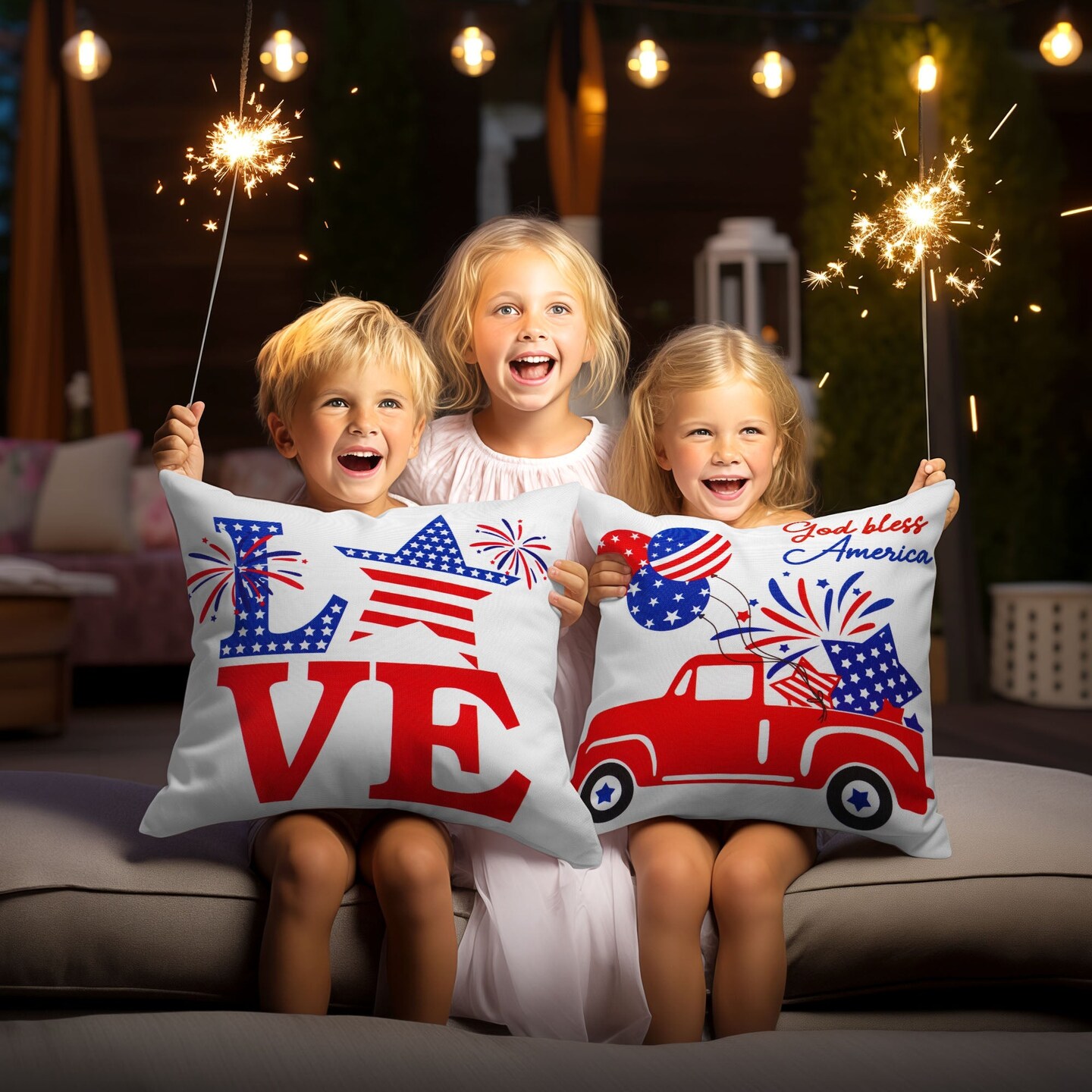 G128 Patriotic Decoration Gnome &#x26; Fireworks Waterproof Throw Pillow | 18 x 18 in | Set of 4, Beautiful Cushion Covers for Independence Memorial Day Sofa Couch Decoration, Pillow Insert Included