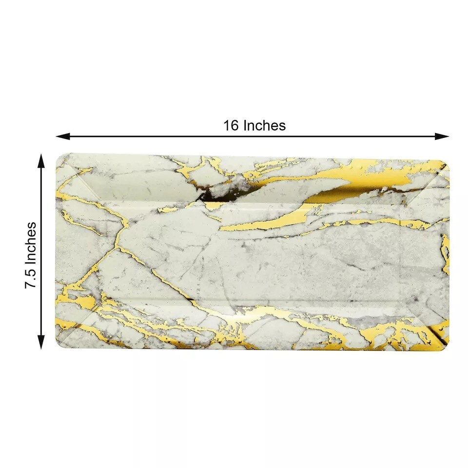 10 pcs 16" Ivory Gold long Rectangle Paper Serving Trays Marble Design