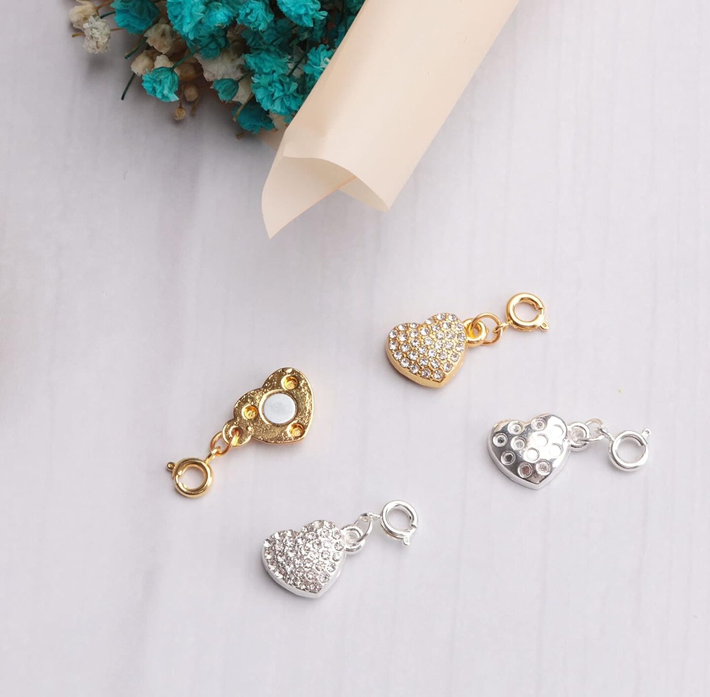 2 Pcs Locking Magnet Clasps Heart Shape Rhinestone Chain Extenders Closures Connector for Necklace Bracelet Women DIY Jewelry Making Supplies Accessories (Silver and Gold)