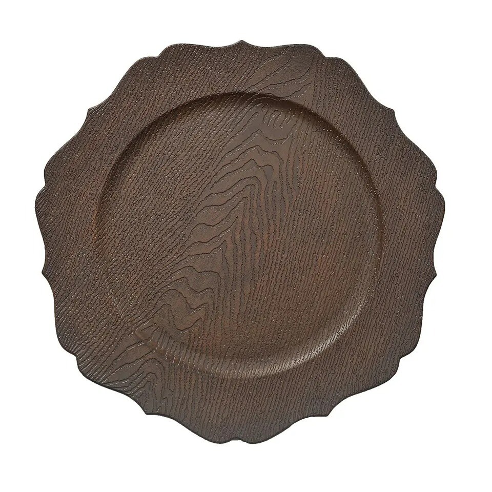 BROWN 6 Round 13&#x22; Rustic Wooden Acrylic CHARGER PLATES Scallop Rim