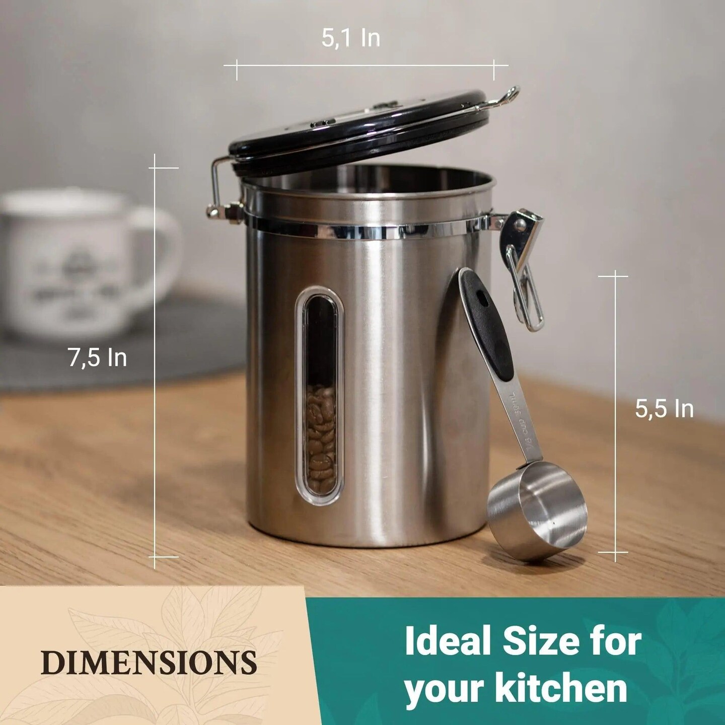Stainless Steel Coffee Canister Airtight Kitchen Food Storage Container with Date Tracker CO2 Release Valve and Measuring Scoop For Ground Coffee Beans Tea Sugar Large (Silver)