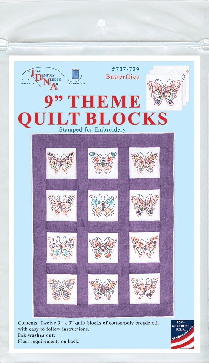Jack Dempsey Themed Stamped White Quilt Blocks 9"X9" 12/Pkg-Butterflies