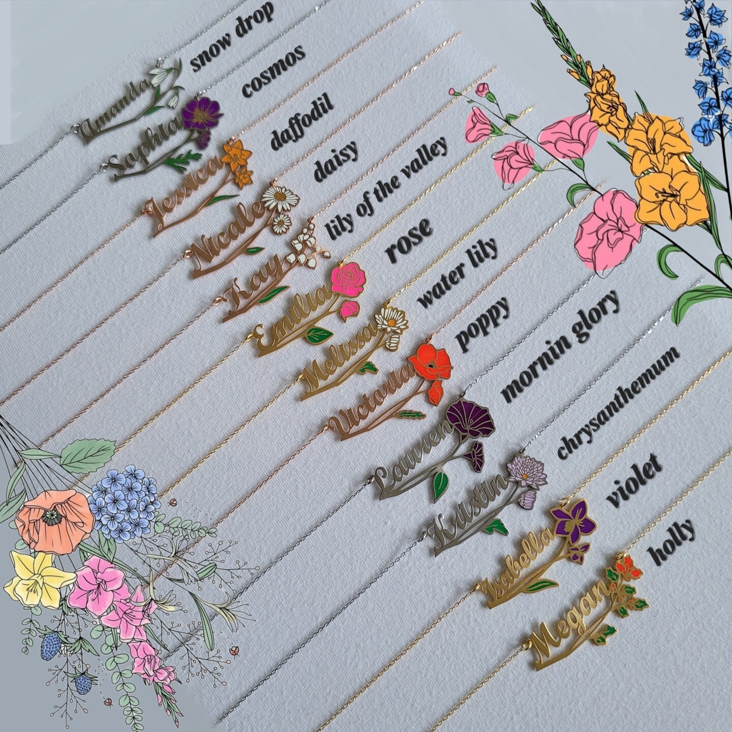 Custom Birth Flower Name Necklace - Personalized 18K Gold Plated Stainless Steel Dainty Pendant
