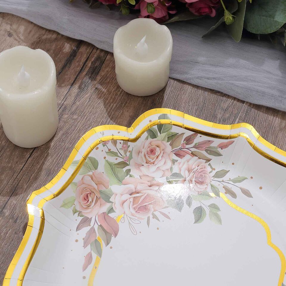 25 WHITE 10" Floral Paper Salad DINNER PLATES GOLD Scallop Rim