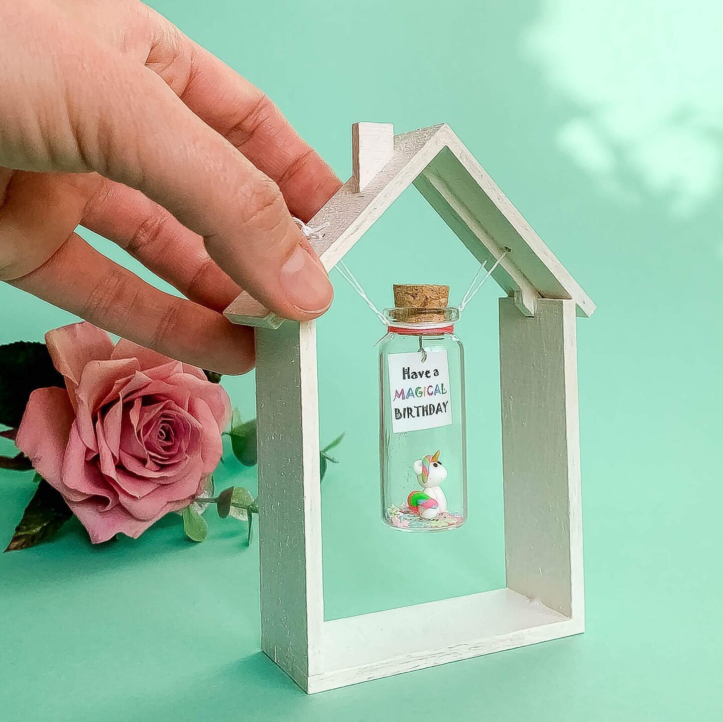 Unique Birthday Gifts for Him and Her   Cute and Funny Bday Presents for Men and Women   Gift for Mom Dad Family (Rainbow Unicorn   Have a Magical Birthday Message Bottle in Wooden Frame)
