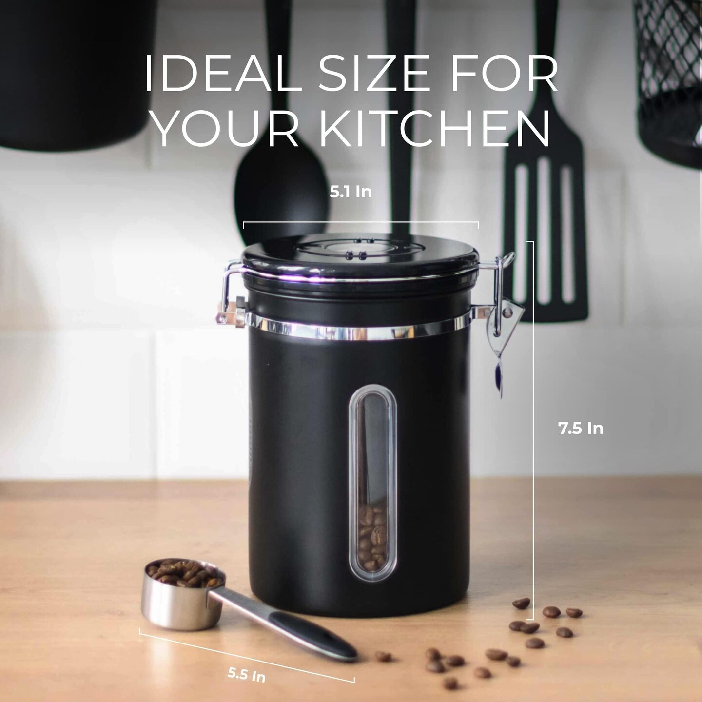Stainless Steel Coffee Canister   Airtight Kitchen Food Storage Container with Date Tracker CO2 Release Valve and Measuring Scoop For Ground Coffee Beans Tea Sugar Large (Black)