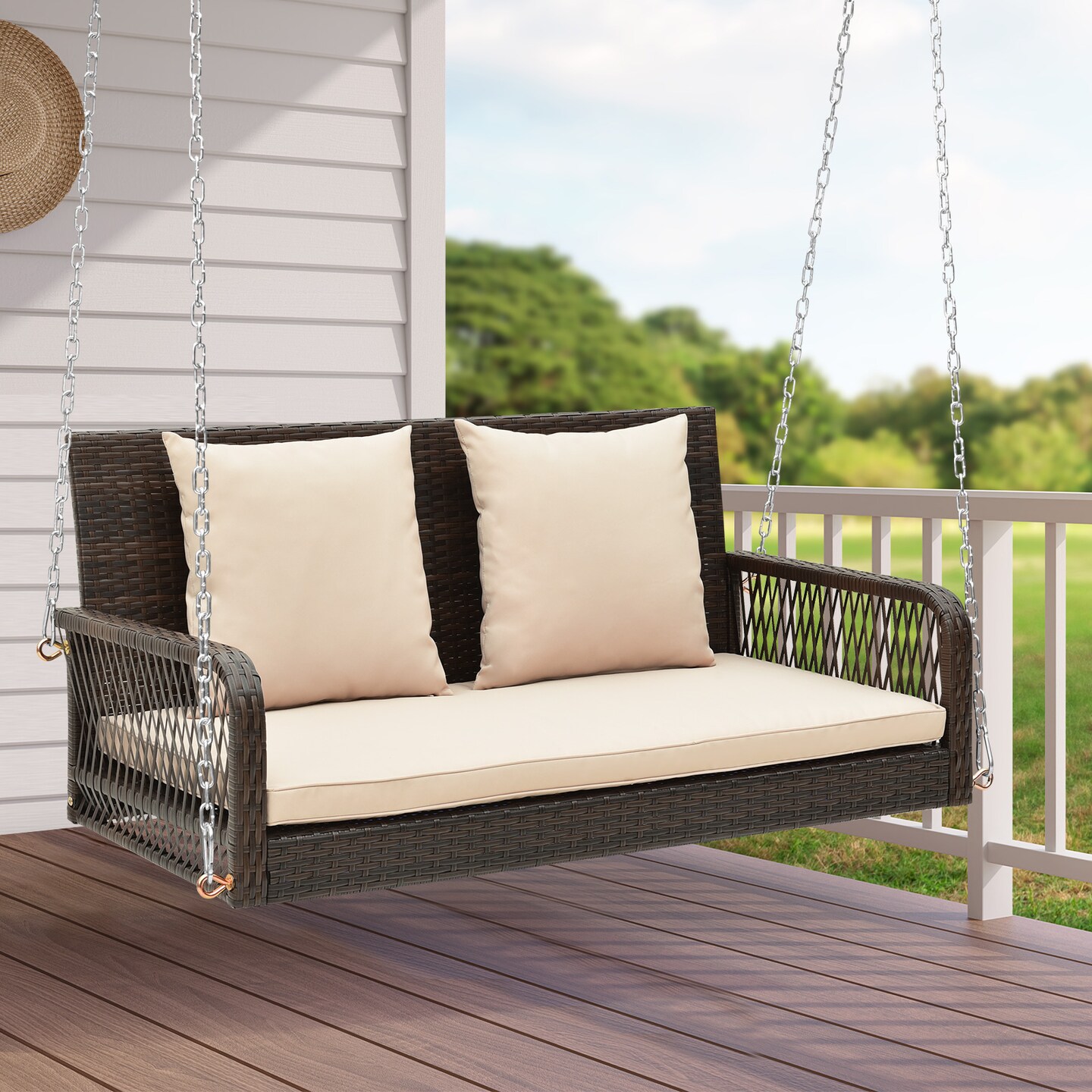 2-person Outdoor Wicker Porch Swing With Seat And Back Cushions