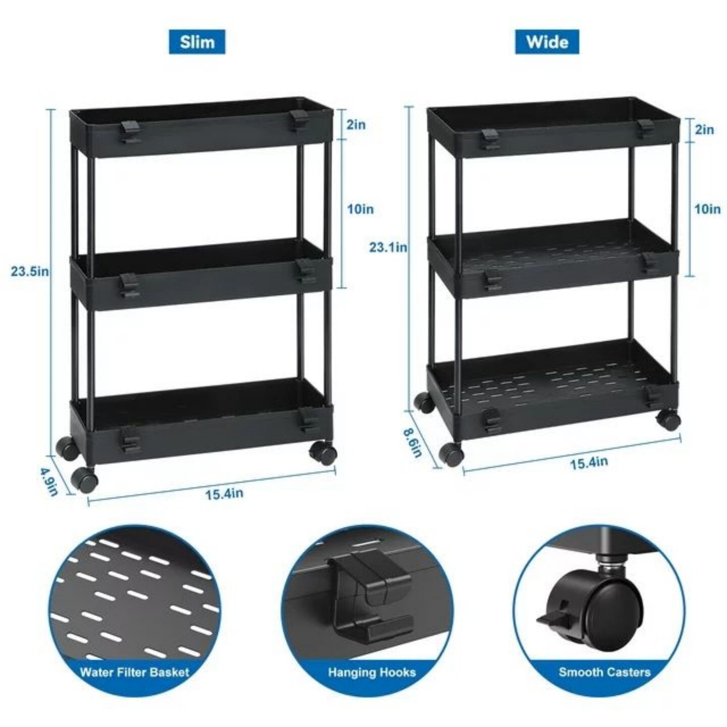 2 Pack 3 Tier Slim Storage Kitchen Cart