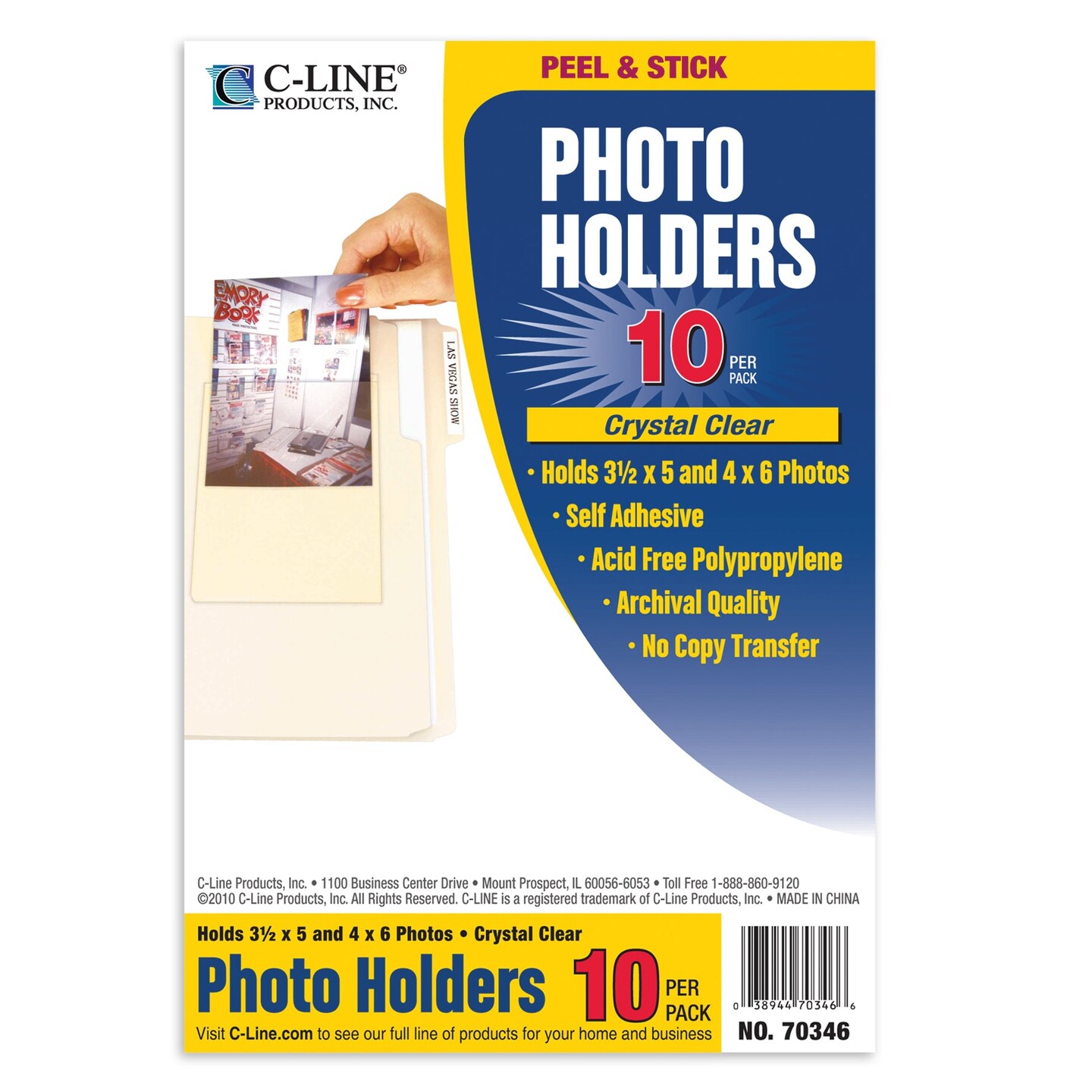 Peel &#x26; Stick Photo Holders, Clear, 4&#x22; x 6&#x22;, 10 Per Pack, 5 Packs