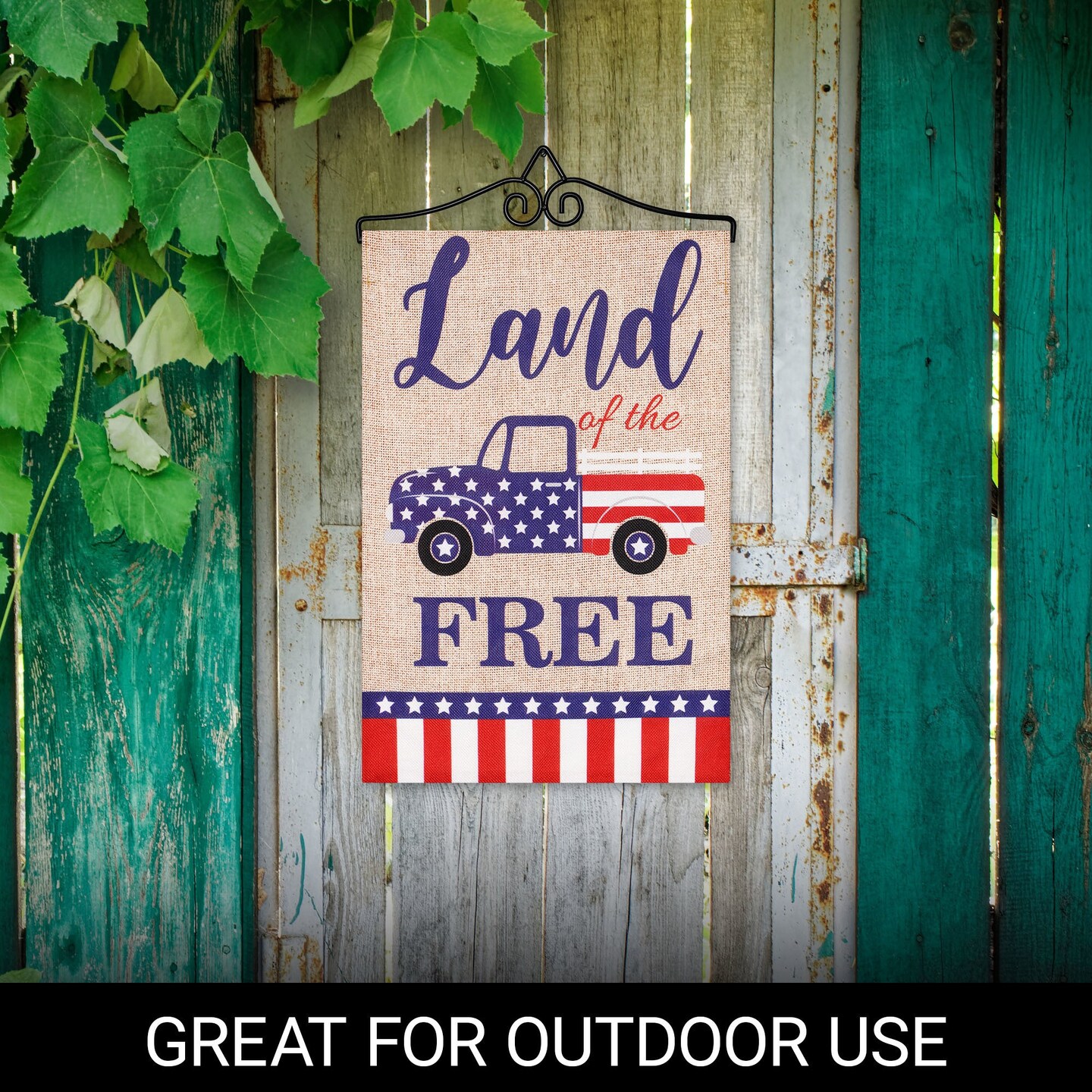 G128 Combo Pack Garden Flag Hanger 14IN &#x26; Garden Flag Land of the Free American Truck 12x18IN Printed Double Sided Burlap Fabric