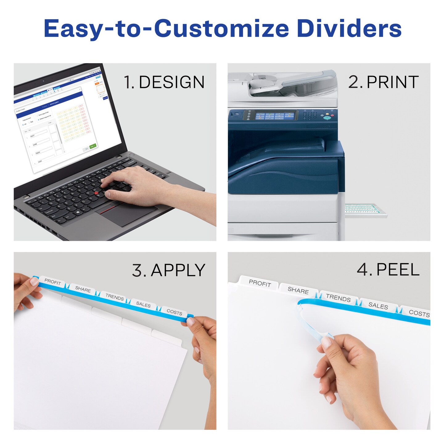 Avery 5 Tab Dividers for 3 Ring Binder, Easy Print &#x26; Apply Clear Label Strip for Copiers, Index Maker Customizable White Tabs, 5 Sets (11421)
