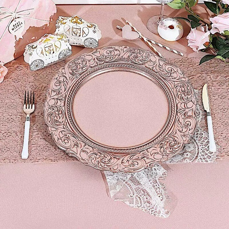 24 ROSE GOLD 14&#x22; Round Baroque Metallic Charger Plates