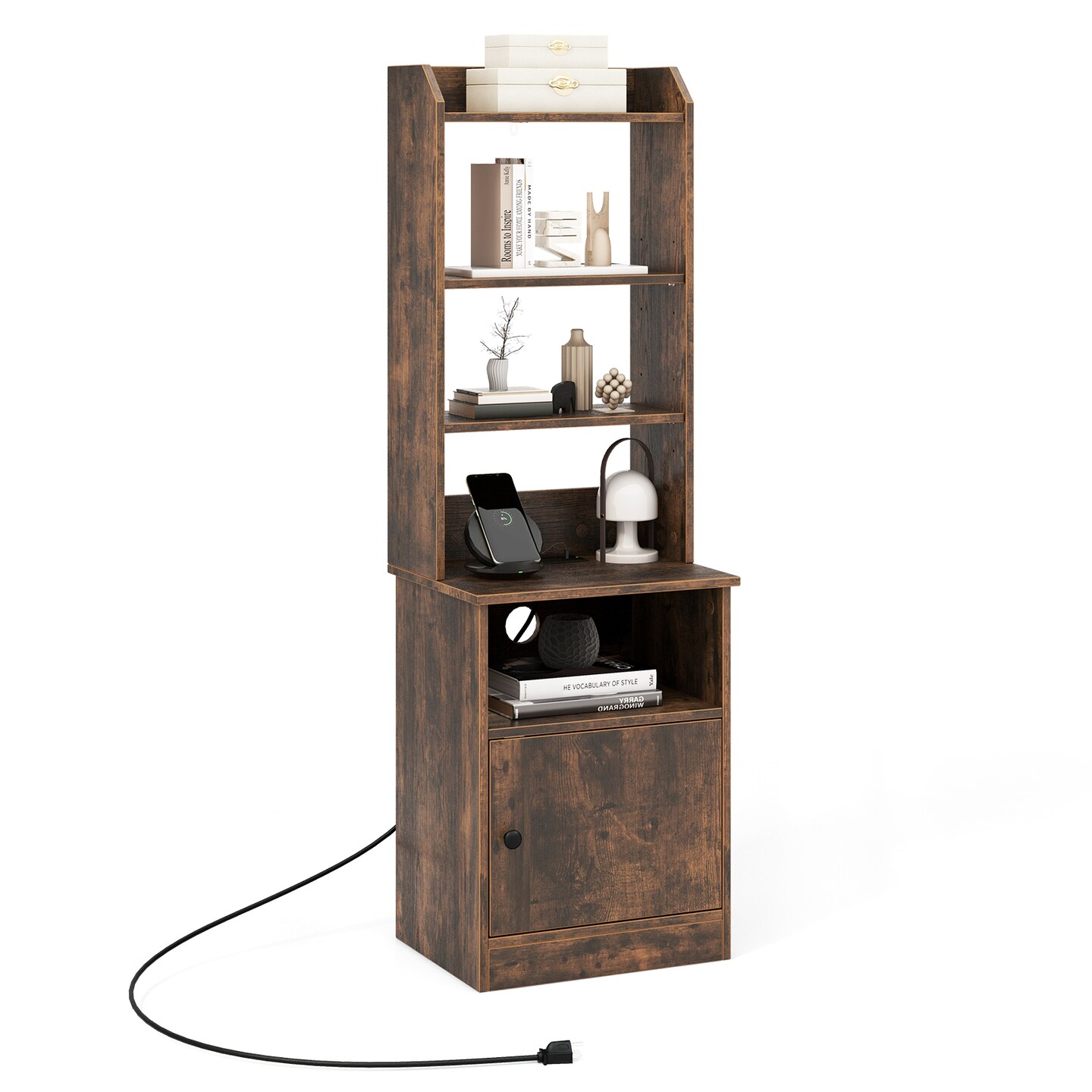 Bedside Tables Tall Nightstands with 5 Open Shelf and 2-Tier Storage Cabinet, Charging Station