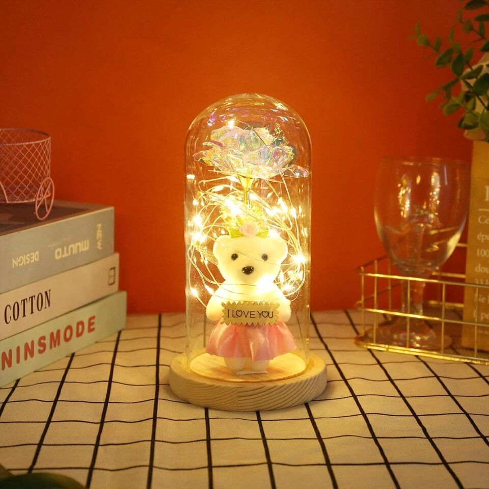 Light Up Rose in A Glass Dome with Teddy Bear