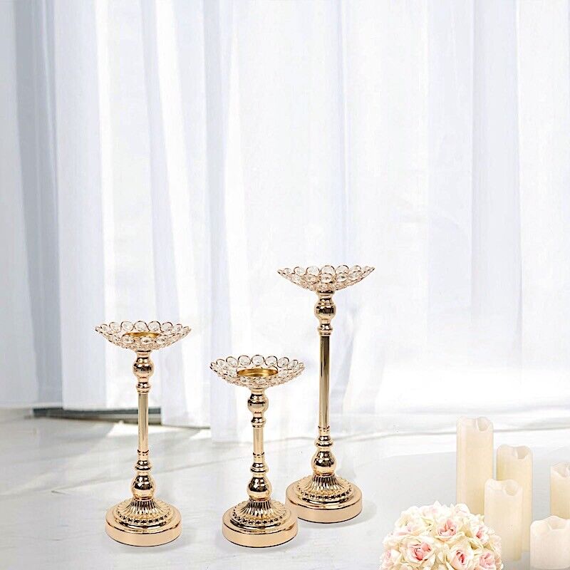 3 GOLD Metal Crystal Beads Votive CANDLE HOLDERS Centerpieces