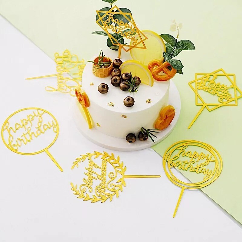 6&#x22; Gold Assorted Acrylic Happy Birthday Cake Toppers