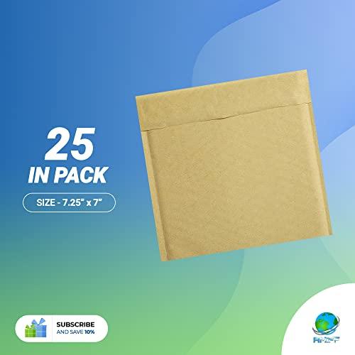 CD Size Natural Brown Kraft Bubble Mailers 7.25 x 7. Pack of 25 Paper Cushion Envelopes with Peel and Seal for Mailing Shipping Packing Packaging Supplies Paper Bag Padded Envelopes