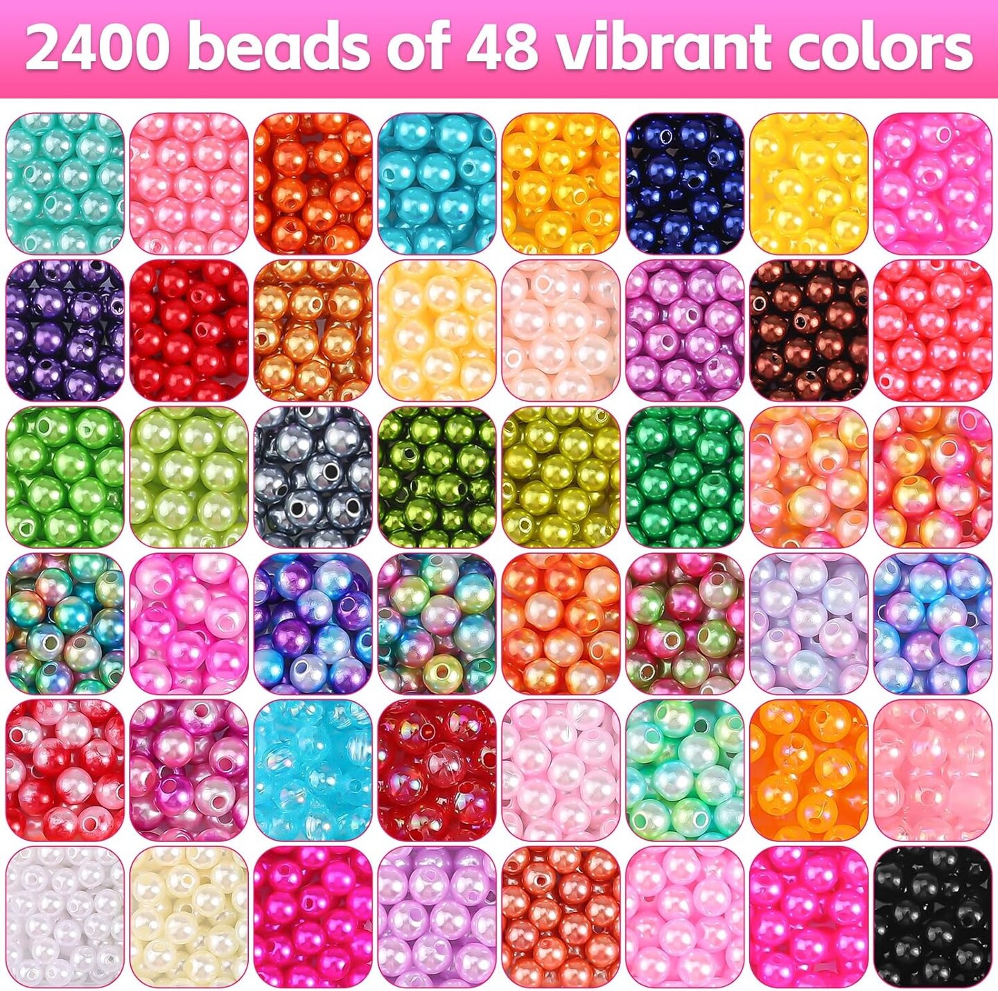 Pearl Beads for Jewelry Making 48 Colorful 6mm Round Pearl Beads for Bracelets Making Kit Small Pearl Filler Beads for DIY Craft Necklace Earrings