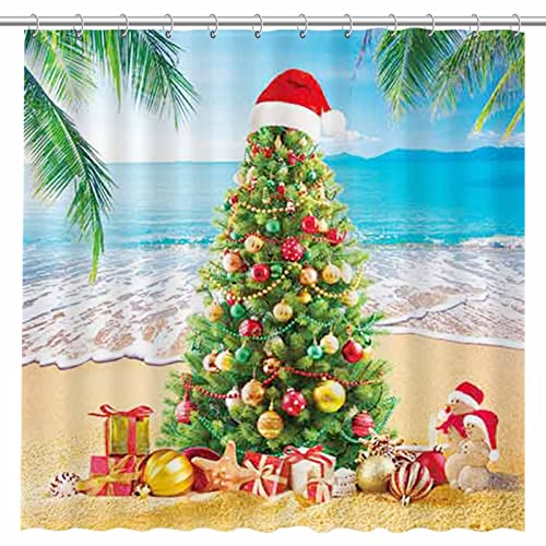 Summer Christmas Tree Shower Curtain Tropical Beach Xmas in July New Year Home Bathtubs Bathroom Curtain Decoration Set 12 Hooks Washable Durable Polyester Fabric 72&#x22; x 72&#x22;