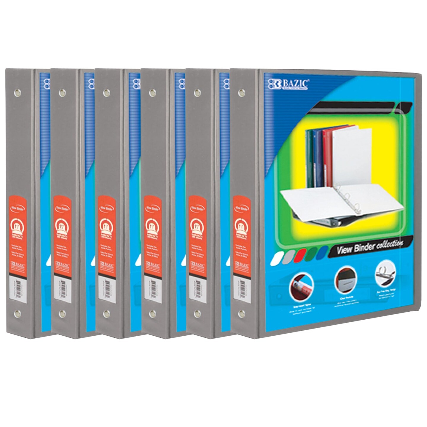 3-Ring View Binder with 2 Pockets, 1.5&#x22;, Gray, Pack of 6