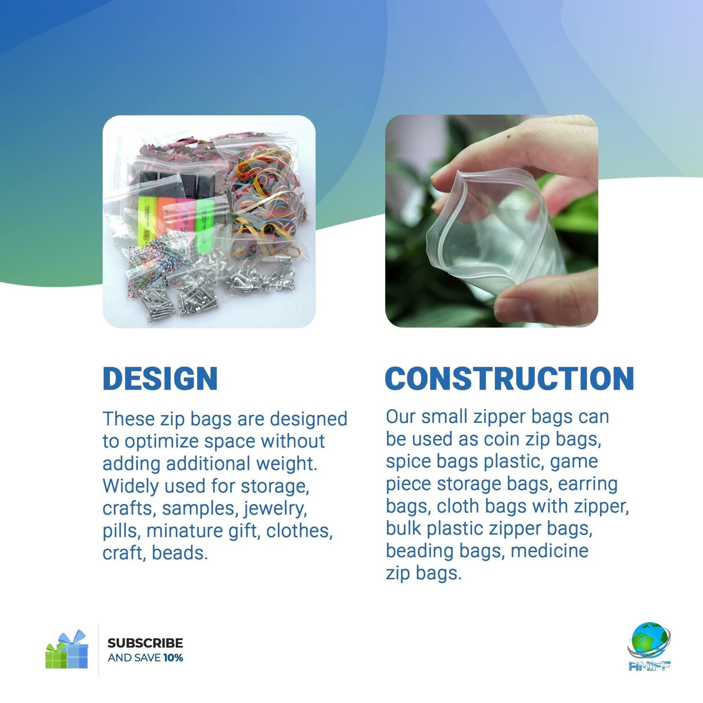 100 Pack Clear Poly Bags 5x8. Self Lock Plastic Bags 5 x 8. Thickness 2 mil. Self Sealing Zip Lock. Reclosable & Resealable Zipper & Reusable. FDA Grade Food Storage. Self Lock.