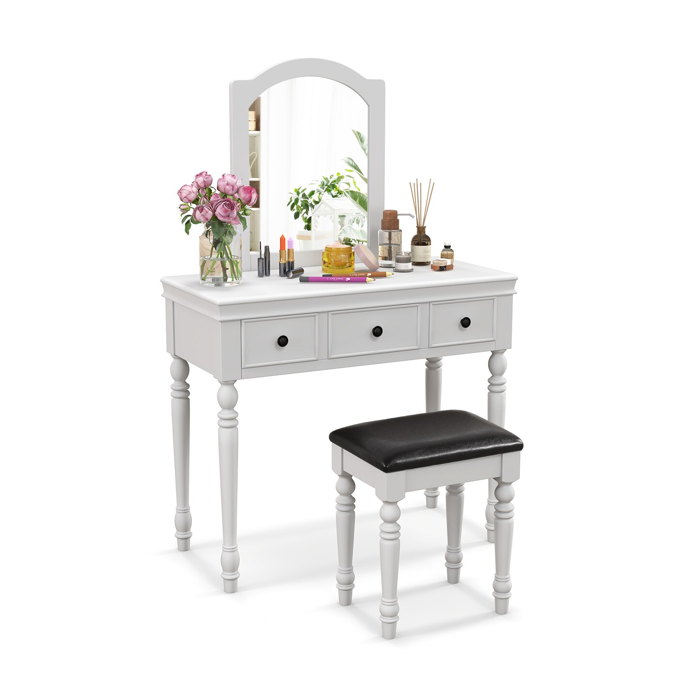 Makeup Vanity Table And Stool Set With Detachable Mirror And 3 Drawers Storage