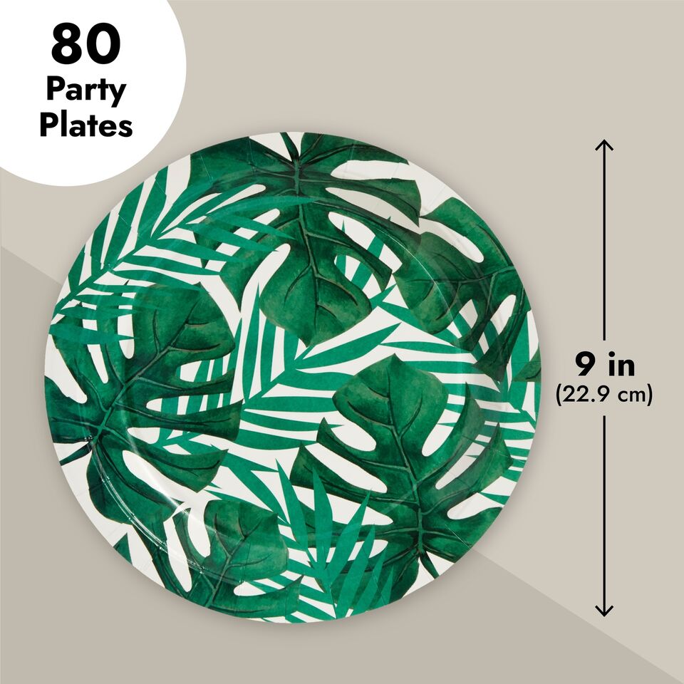 80-Pack Hawaiian Party Plates, Disposable 9&#x22; Green Leaf Plates