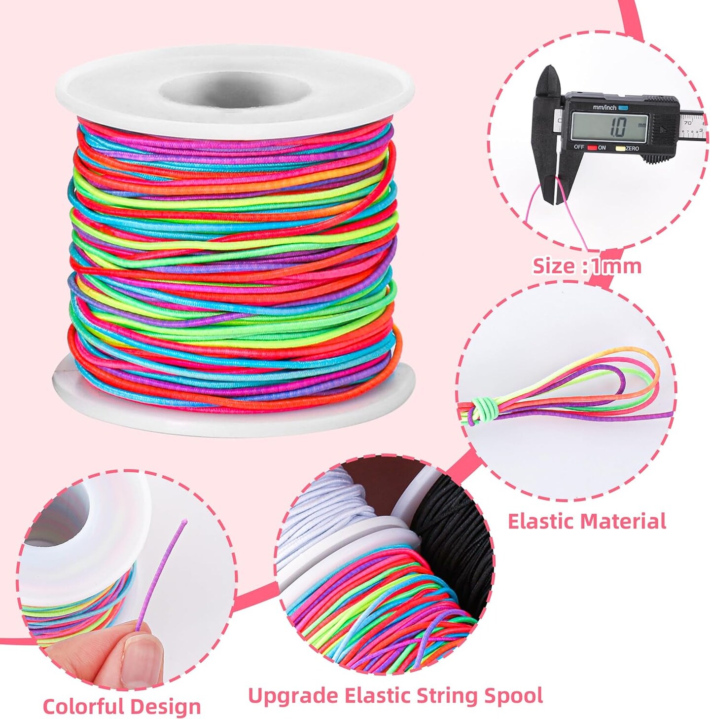 1mm Elastic String Stretchy String for Bracelet Making Rainbow Bracelet String Elastic Cord for Jewelry Making, Bracelets, Necklace, Beading and Crafts