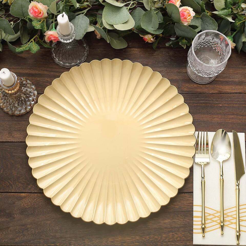 GOLD 6 Round 13" Plastic CHARGER PLATES Scalloped Shell Design
