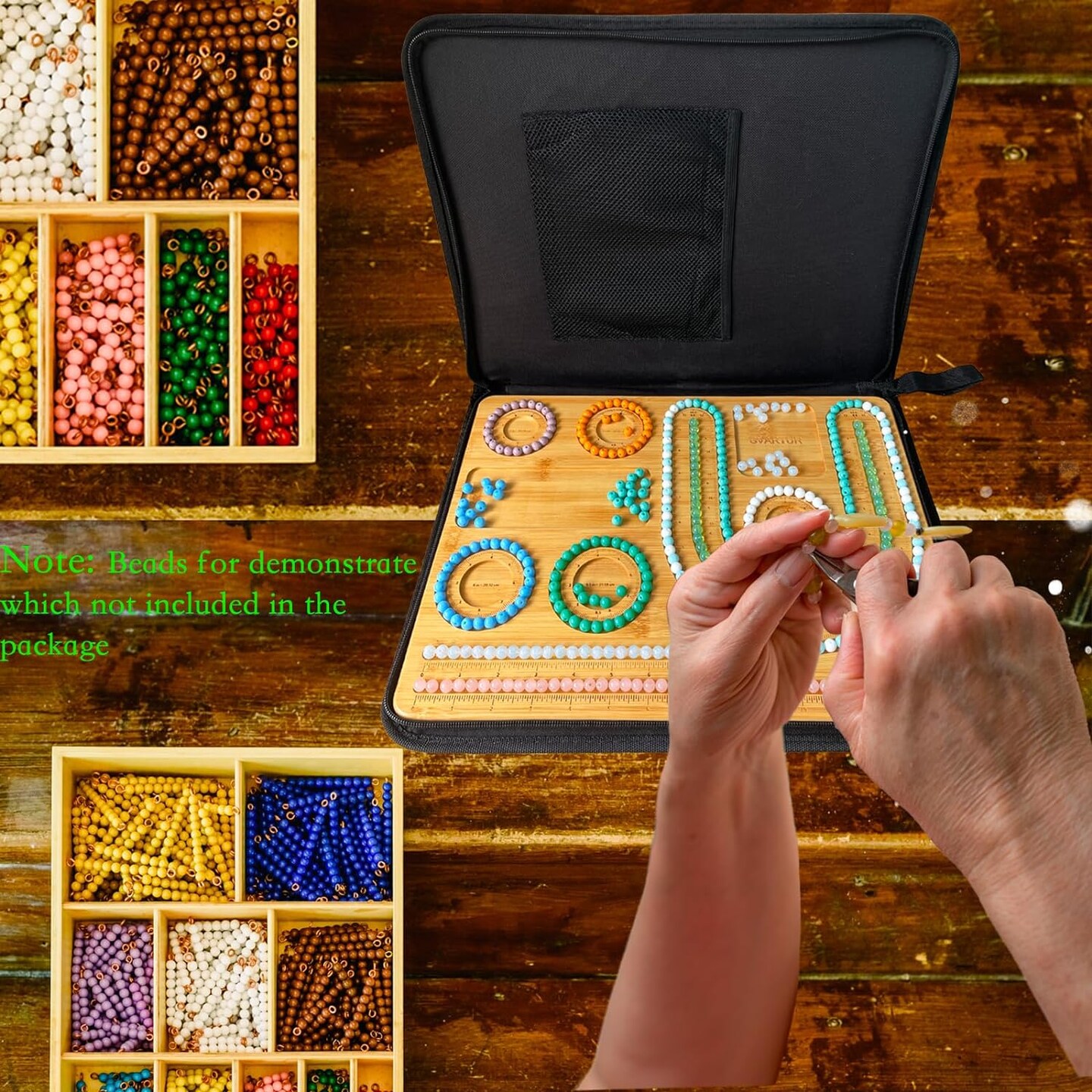 Bamboo Beading Board with Zipper Storage Case, Imperial Measurements Marked Wood Bead Design Board for Bracelet, Necklace, Bead Mat for Jewelry Making Tray, 15.35 * 11.42 * 0.39&#x22;
