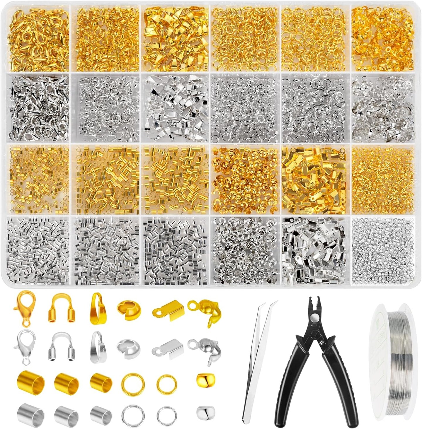2120 PCS Crimp Beads for Jewelry Making Supplies, Bracelet Clasps and Closures, Golden Silver Crimp Covers & Tubes, Lobster Clasp Crimping Pliers and Beading Wire