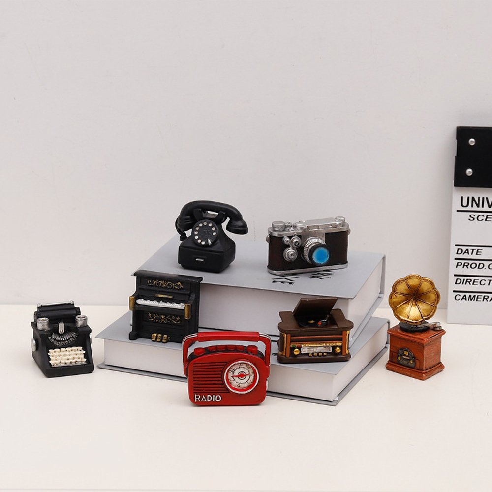 7 Pieces Creative Retro European Resin Figurine for Home Cafe Bar Window Decoration Children Toys and Gift (Incluing Telephones Typewriter Camera Piano Phonograph Radio and Sound player)