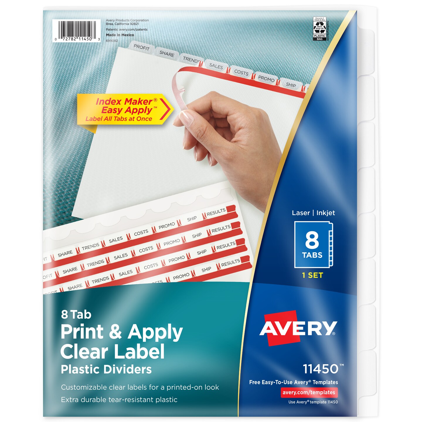 Avery 8 Tab Plastic Dividers for 3 Ring Binder, Easy Print & Apply Clear Label Strip, Index Maker Customizable Frosted White Tabs, 1 Set (11450)