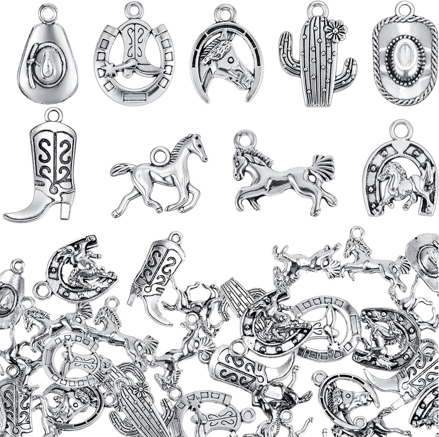 100 Pieces Western Cowboy Charms for Jewelry Making Alloy Antique Silver Cowboy Boot Hat Horse Cactus Charms Horse Western Pendant Cowboy Charms for Bracelet Necklace, 10 Styles