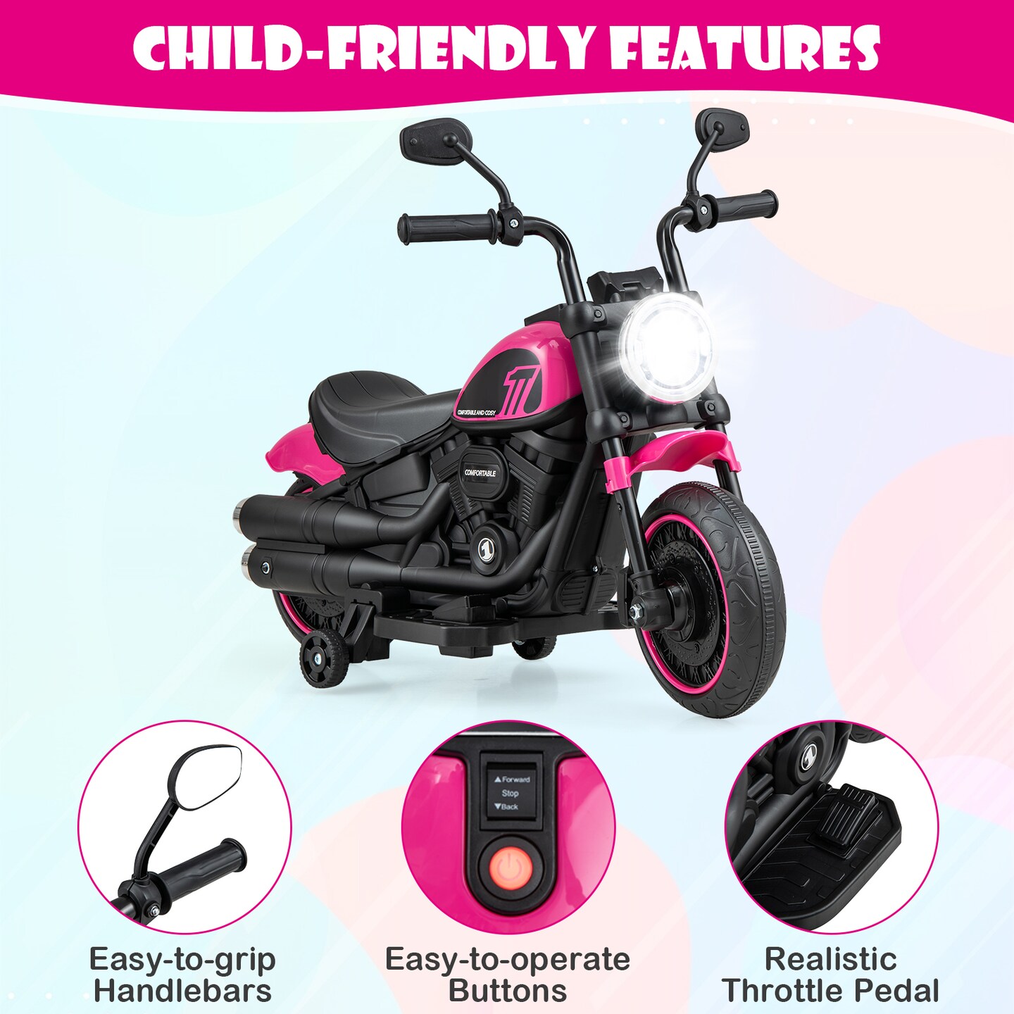 Kids Electric Motorcycle With Training Wheels And Led Headlights