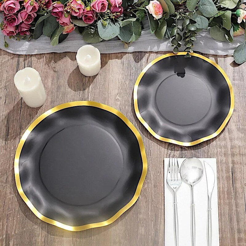 25 Round 8&#x22; BLACK Paper Salad Plates Gold Wavy Rim