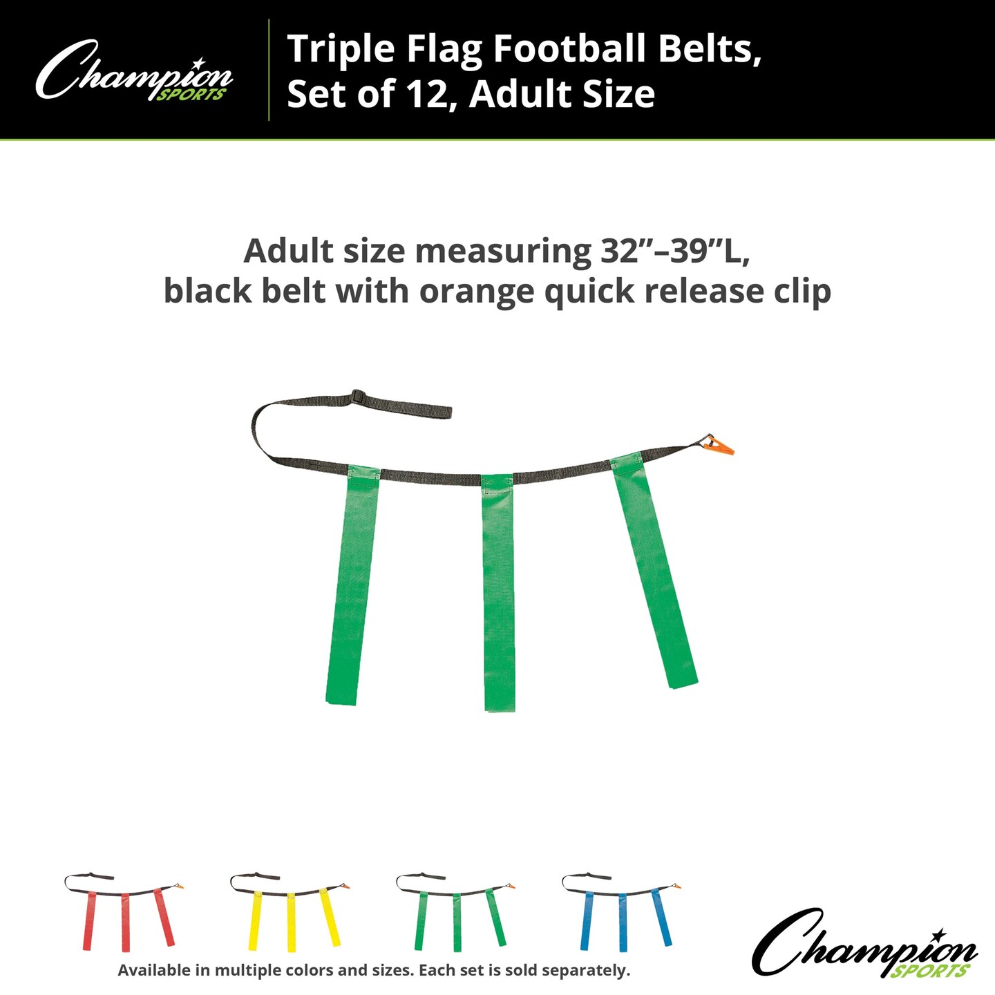 Triple Flag Football Set, Adult Size, Green, 32&#x22;-39&#x22;, 12 per pack