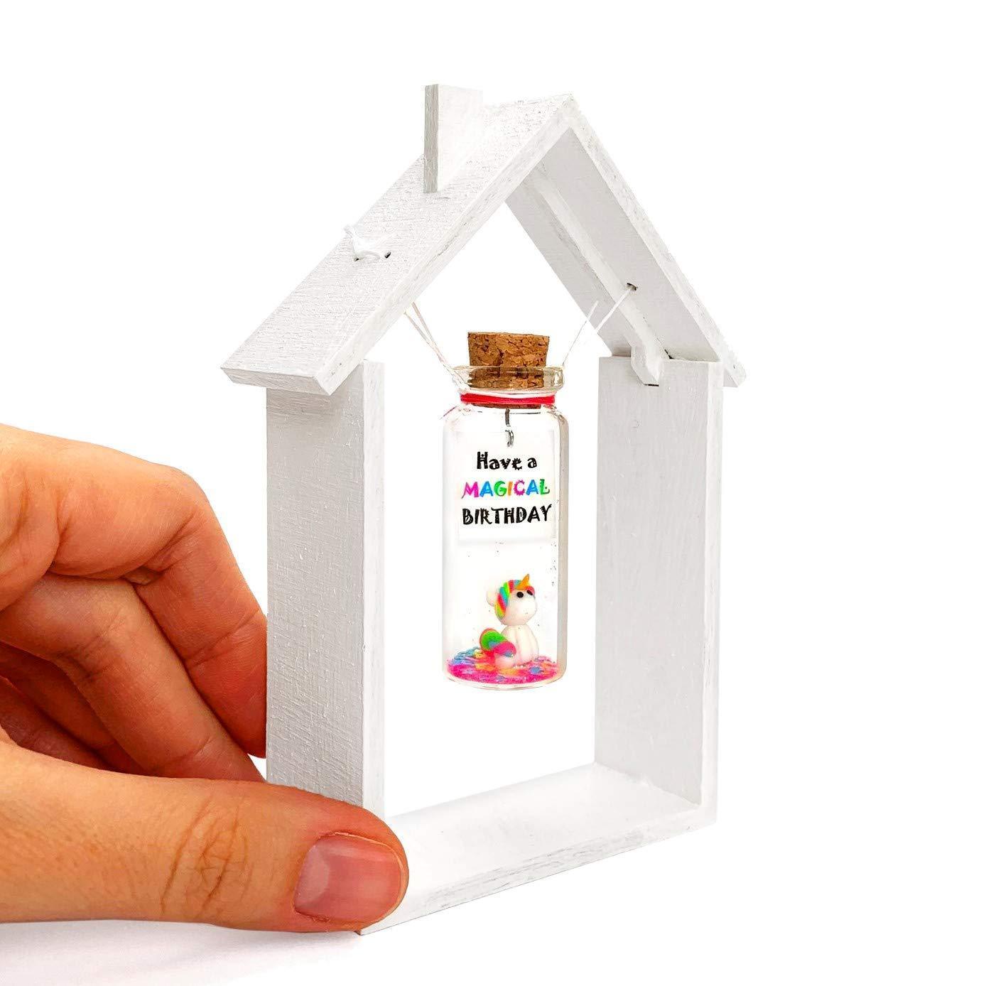 Unique Birthday Gifts for Him and Her   Cute and Funny Bday Presents for Men and Women   Gift for Mom Dad Family (Rainbow Unicorn   Have a Magical Birthday Message Bottle in Wooden Frame)