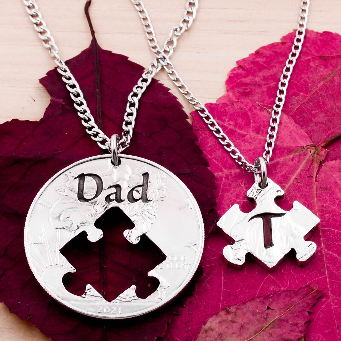 アクセサリー remake father necklace Dad and Son or Daughter Puzzle Necklaces, Engraved Initial and