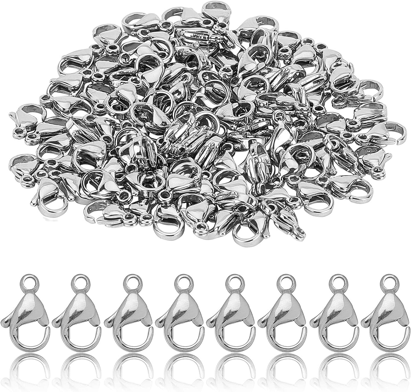 100pcs Lobster Claw Clasps Grade A 304 Stainless Steel Jewelry Lobster Clasp Fastener Hook Clasps for Necklaces Bracelet Jewelry Making 11x7mm